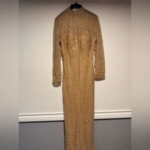 Elegant heavy beaded Gold Long Sleeve Dress